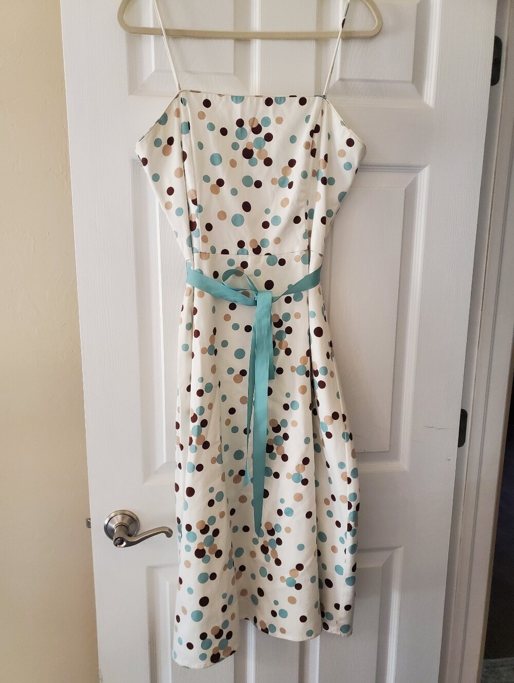 Jessica Howard Polka Dot Spaghetti Strap Midi Dress with Teal Sash Size 10